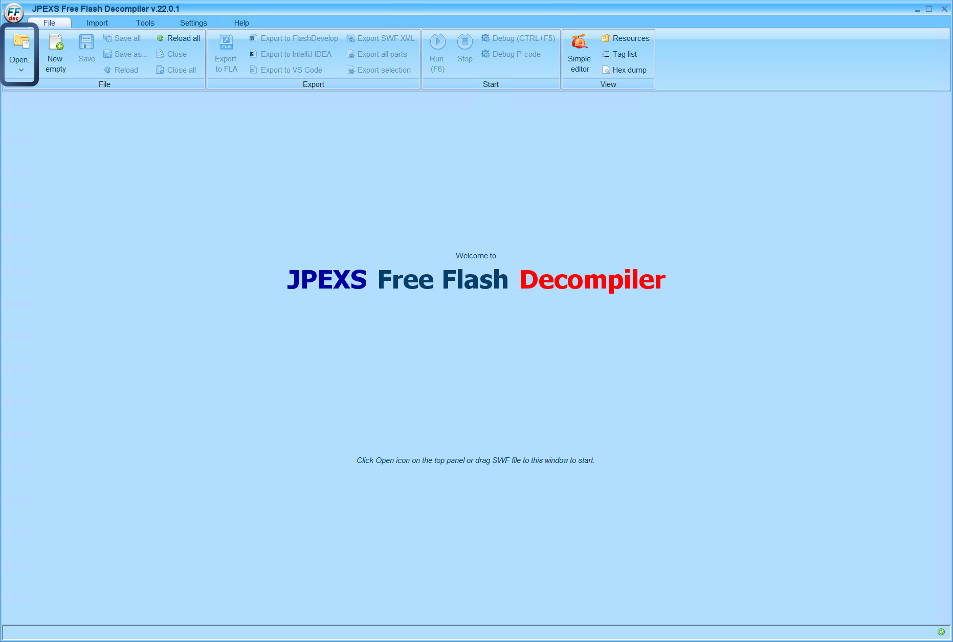 When you first open JPEXS you will want to click Open in the top left