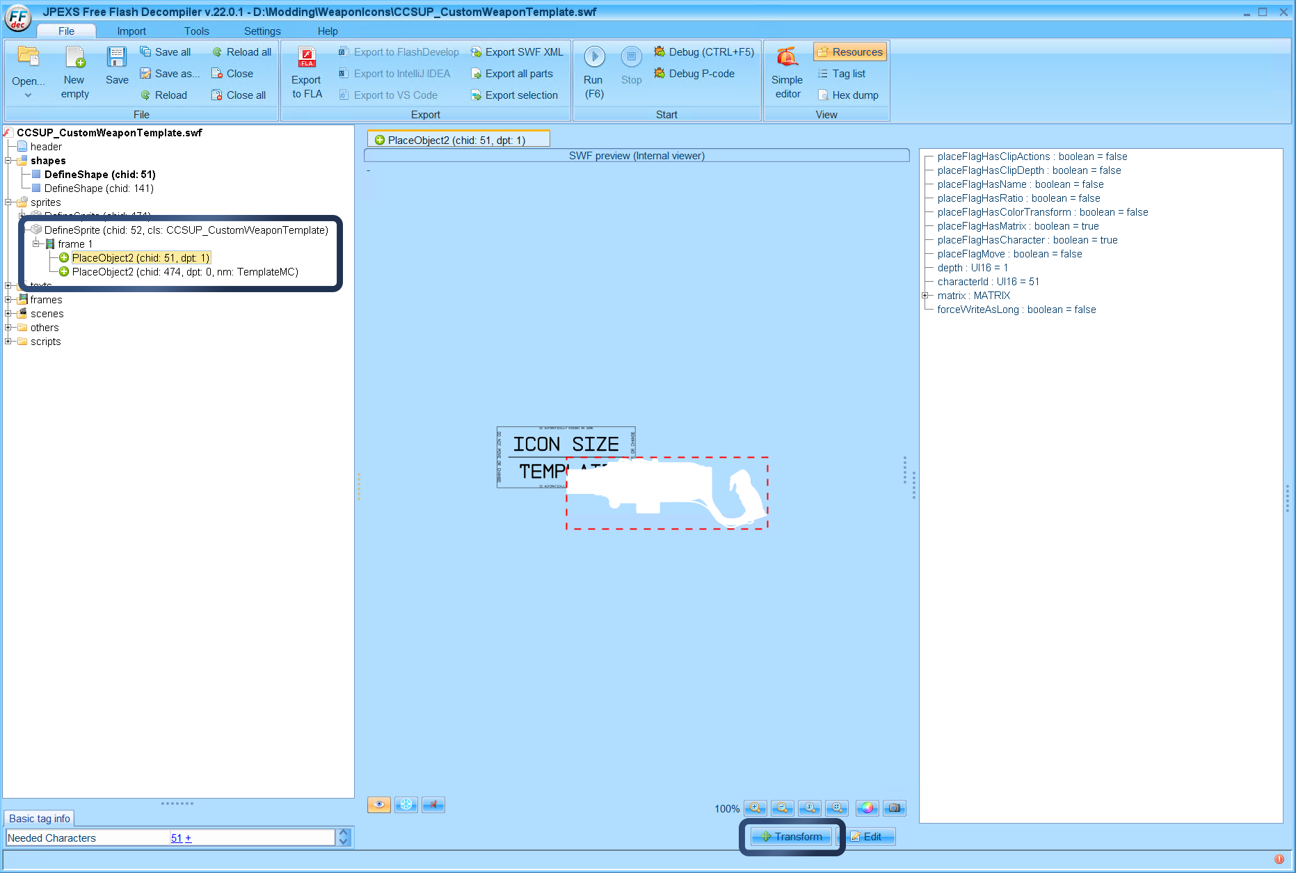 Double click on the second item which has your weapon icon (outlined above) then on the left you want to expand the "DefineSprite" item and then expand "frame 1" and click on the first "PlaseObject2" which does not have a label then you will click on "Transform" on the bottom