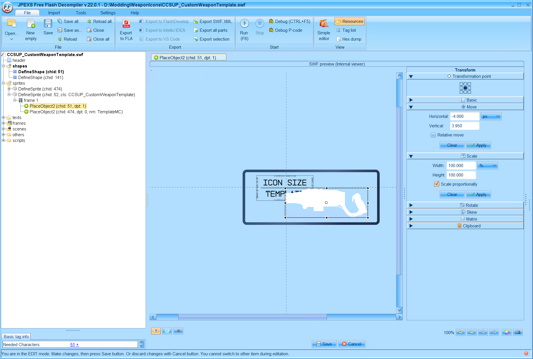This parts a bit tricky, the best thing to do is to align the weapon icon with the center of the Icon Size Template box and then scale it using the scale option on the right