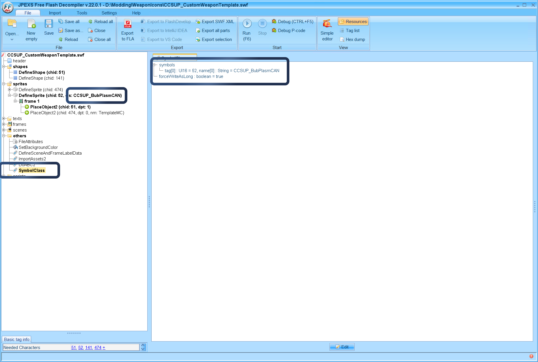Set the string here to the same as your Linkage Name in your UI_Icon keyword, in this case we are going to use "CCSUP_BubPlasmCAN" and then click Save on the bottom and you will see the name has changed both in the symbols and on the DefineSprite item (also SymbolClass is bolded since there are unsaved changes)
