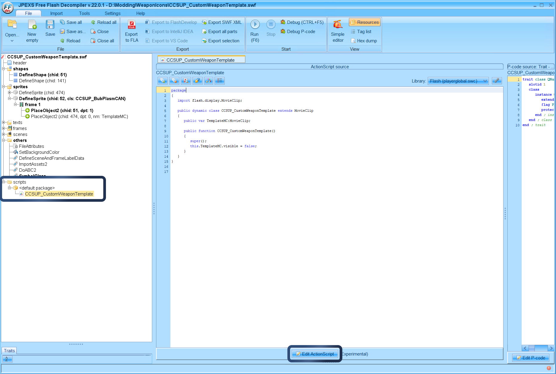 On the left expand Scripts > <default package> and then click on "CCSUP_CustomWeaponTemplate" and then click "Edit ActionScript" on the bottom
