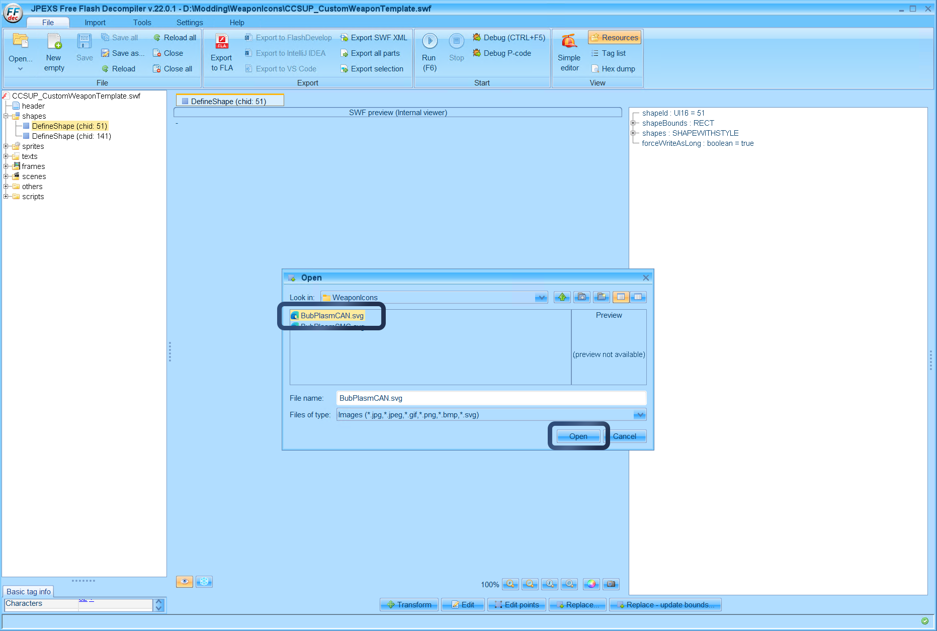 Select your icon that you have previously created and click Open